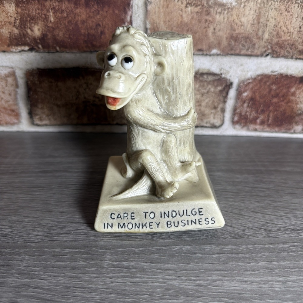 Vtg 1968 Russ Berrie Monkey Figurine With "Care To Indulge In Monkey Business"